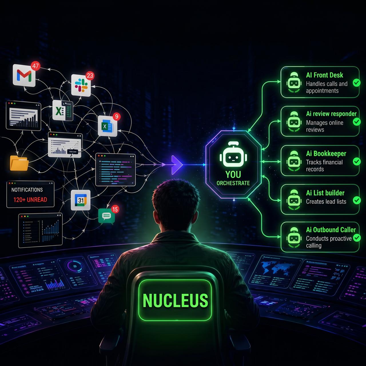 Nucleus AI Brain — you orchestrate, the AI workforce executes